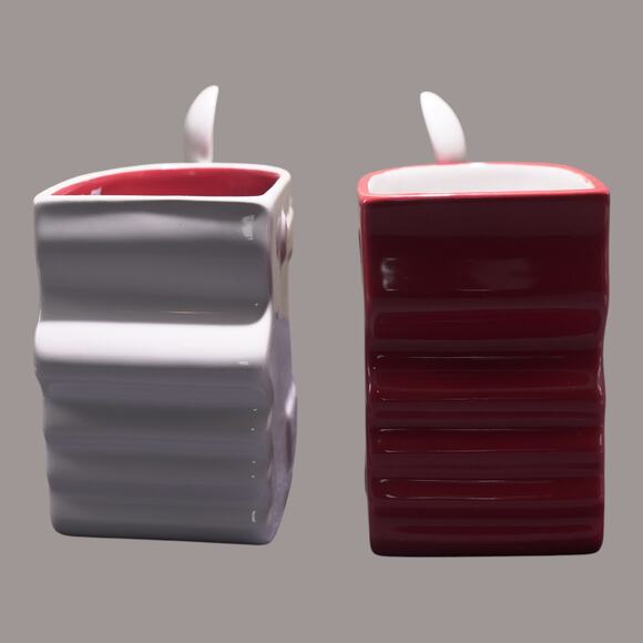 Kissing Mugs w/ 2 Teaspoons Ceramic Red & White Gift Valentine NWOT - Picture 8 of 11